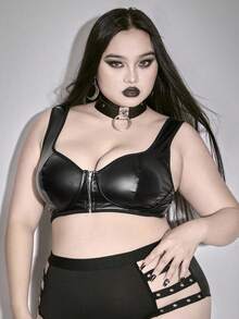 ROMWE Grunge Punk Sujetador con aros y sujetador sin aros de talla grande, estilo punk oscuro con cremallera de PU