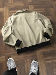 Manfinity Hypemode 男士字母印花长袖拉链休闲夹克，适合秋季 - 卡其色 - 查看 2