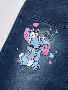 SHEIN ChillGRL Young Girls' 2025 Autumn/Winter Girls' Rabbit & Rainbow Print Denim Bib Overalls, Loose Straight Leg Jeans Pants, Casual, Cute, Retro 2000s Style, Soft, Casual Fashion Creative Cartoon Cute Rabbit Pattern With Flowers And Hearts Printed On Blue Girls' Overalls. Features Ruffled Straps, Cute And Sweet Style, Easy To Move In, Appropriate For Holiday Wear,  Suitable For Daily Wear, School, Commute, Party, Vacation