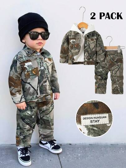 2pcs/Set Baby/Toddler Boys Urban Street Style Cotton Camo Branches Print Patch Loose Denim Jacket And Elastic Waist Loose Fit Jeans ,Casual Soft Cute For Baby Fall/Winter Dailywear And Streetwear Costume,For Baby Boys Halloween And Christmas Outfits,Boys Jeans,Toddler Jeans,Winter Jeans