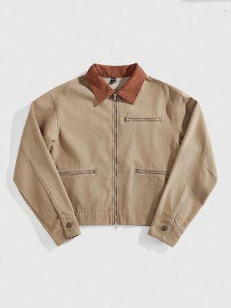 Prep Veste en jean vintage à col contrasté et zip avant pour hommes, pour l'automne