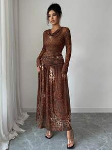 Modelyn Women's Elegant Leopard Print Slit Dress, Fashion & Stylish, Autumn/Winter - Coffee Brown - View 5