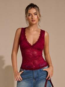 SHEIN BAE Áo hai dây ren cổ chữ V sâu màu trơn, áo ba lỗ đi nghỉ, xuân/hè - Đỏ - Xem 5