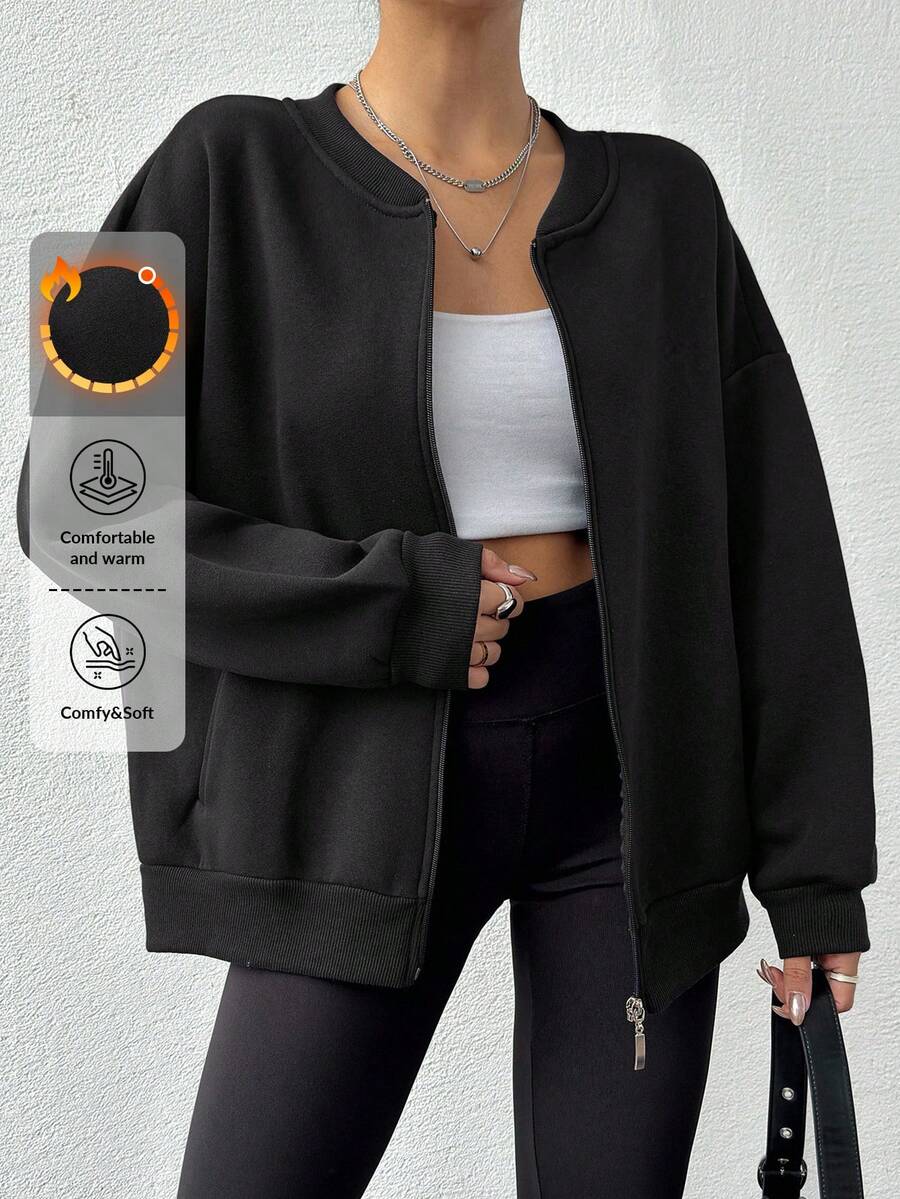 EURMUSE Cotton Women'S Fleece Lined Baseball Collar Zip-Up Sweatshirt - Black - View 1