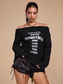 ROMWE Grunge Punk Punk Style Turtleneck Distressed Collar Oblique Shoulder Twist Knit Loose Cross Print Women Sweater - Black - View 7