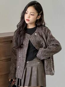 DAZY Tween Girl 1pc Double Breasted Shoulder Pad Overcoat Fall/Winter - Brown - View 4