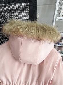 SHEIN Young Girl' Pink Hooded Pocket Jacket With Furry Collar, Slim Fit, Warm & Comfortable, Thermal Lining, Winter - Baby Pink - View 5