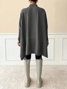 EURMUSE Women Solid Color Mock Neck Half Sleeve Oversize Pullover - Grey - View 3