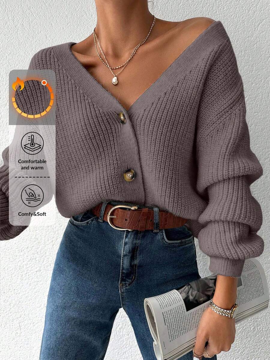 EURMUSE Women's Solid Color V-Neck Front Button Casual Cardigan - Mocha Brown - View 1