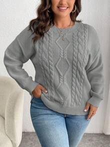 EURMUSE Plus Size Casual Solid Color Drop Shoulder Sweater, Autumn/Winter - Light Grey - View 9