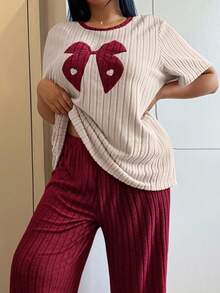 Snug Zone Plus Size Women Knitted Ribbed Bow Embroidered Round Neck Short Sleeve Pants Casual Pajama Set Bow Pajama Set - Red - View 4
