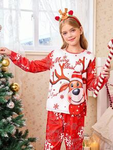 Girl's Autumn And Winter Playful And Fresh Cute Red And White Christmas Reindeer Snowflake Cute Printed Pattern Top And Red Background White Snowflake Red Christmas Blessing Printed Pattern Pants Suitable For Daily Home Leisure Sleep Christmas Party Wear - Red and White - View 4