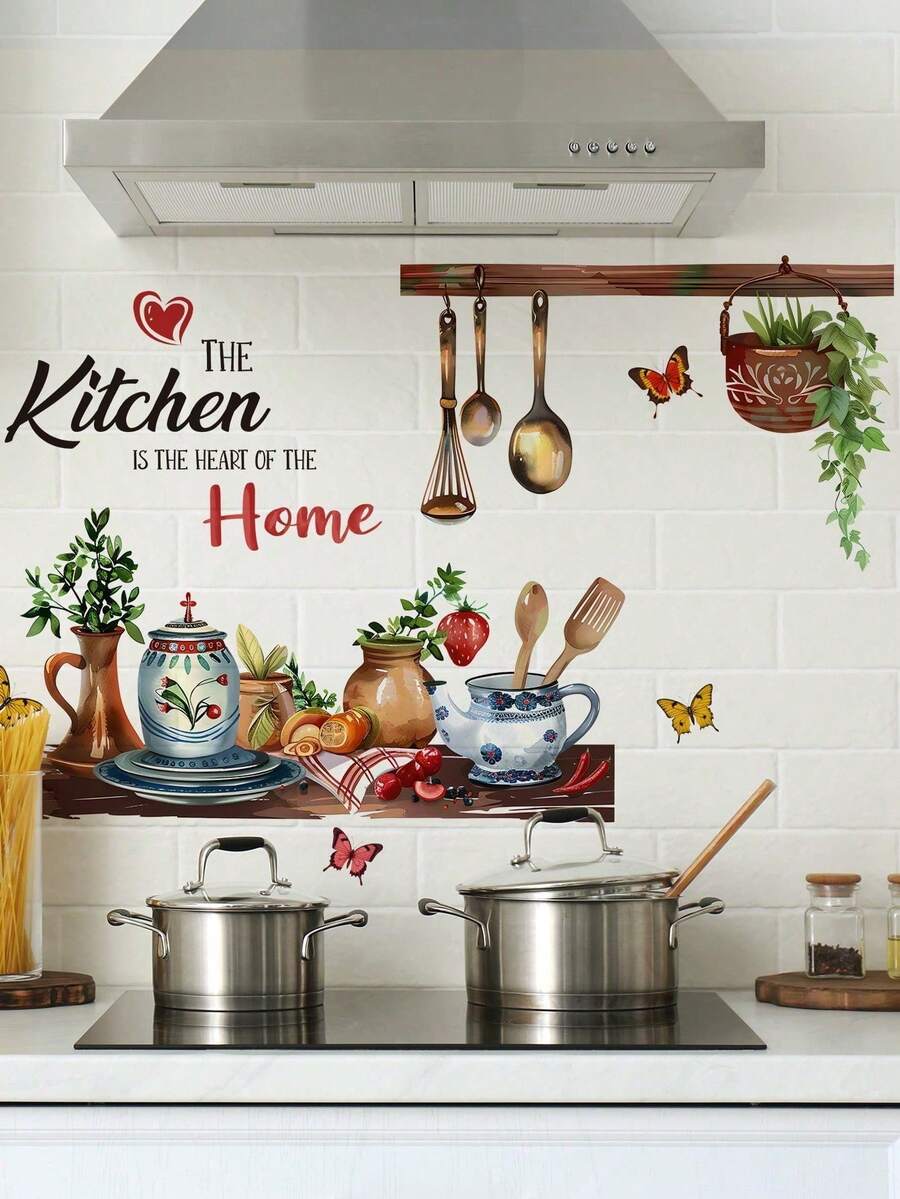SHEIN 1PC Watercolor Kitchen Tableware Slogan Home Decor Wall Sticker - Multicolor - View 1