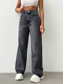 100%Cotton HOGH WAIST STRAIGHT CUT RAW HEM JEAN - Dark Grey - View 3