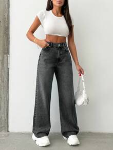 Calça jeans 100% algodão, cintura alta, corte reto, bainha crua - Cinza claro - Ver 4