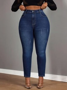 Slaydiva 冬季加大码深色水洗修身牛仔裤，饰有猫爪图案 - 深色水洗藍 - 查看 3