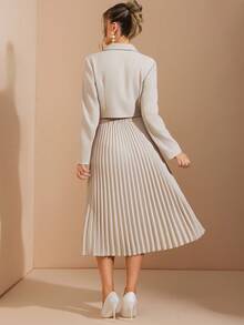 Amorya Women's Elegant Belted Double-Breasted Jacket And Pleated Skirt 2 Pieces Set, Suitable For Daily Commute And Multiple Occasions Autumn Clothes