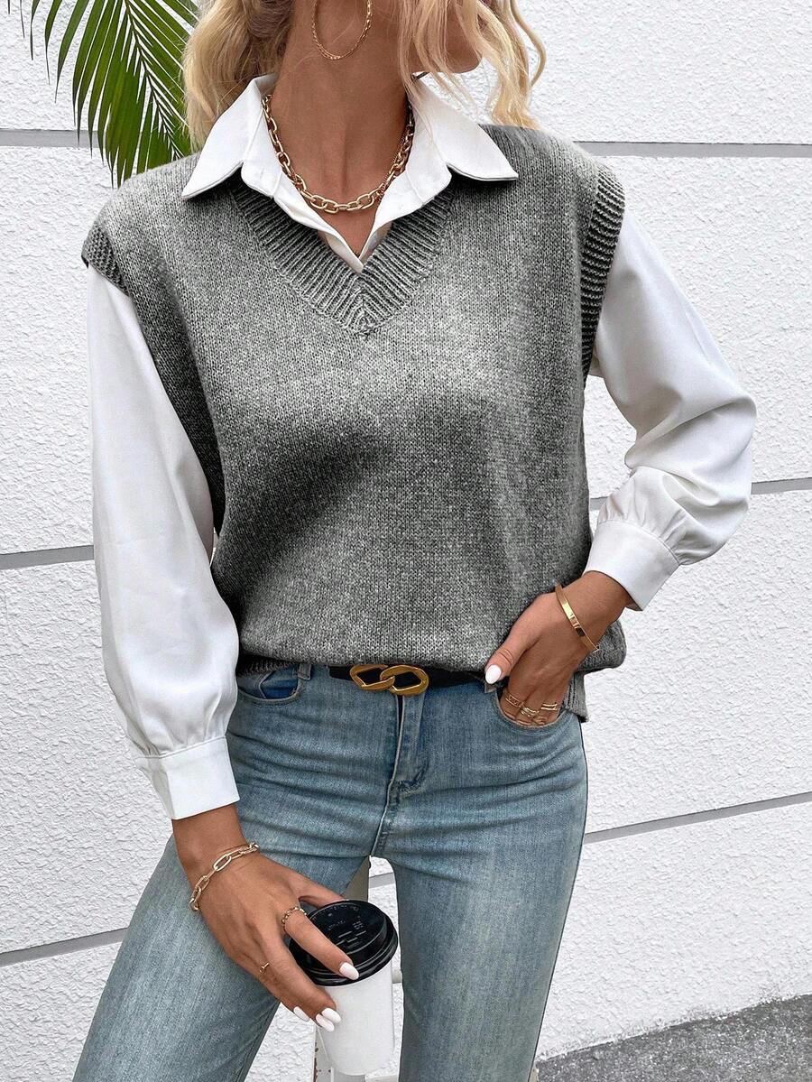 EMERY ROSE Casual Versatile Solid Color Knit Vest - Grey - View 1