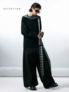 LYSMO SELECTION 2025 New Arrival Minimalist Fall/Winter Women's Plaid Hooded Loose Long Sleeve Casual T-Shirt, Comfortably Versatile, Vintage And Artistic Style, Relaxed Chic Look, Black Knit Scarf Layered Design, Plaid Elements, Perfect For Urban Commute, Soft And Warm Fabric, Stylish Layered Detailing, Ideal For Everyday Autumn And Winter Outings Black Top Scarf Top Black Long Sleeve Shirt Plaid Scarf,Christmas