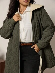 Zelara 大码女式长袖拉链前开休闲宽松长款连帽冬装外套，女士秋冬外套，时尚女式外套，女士冬装外套，时尚女式外套，秋冬拉链连帽女式外套，乡村风外出上衣，冬季外出上衣 - 軍綠色 - 查看 6