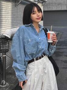 DAZY Women's Loose Fit Denim Shirt With Dropped Shoulders, For Spring And Fall,Back To School Clothes,Jeans Jacket Long Sleeve Women - Blue - View 4