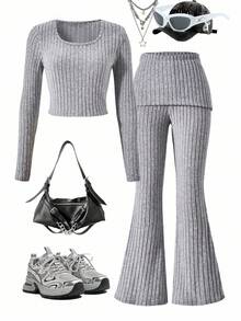 SHEIN Sparklyn Teen Girls Casual Comfortable Fitted Long Sleeve Top And Pants Set, Suitable For Daily Wear And Lounging, Spring/Autumn Fall Winter