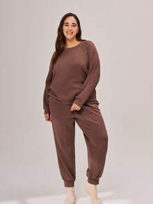 LUVLETTE 秋冬大码冬季圆领套头衫和裤子睡衣基础款睡衣套装休闲舒适服装运动服内衣外套秋季睡衣家居服女士套装