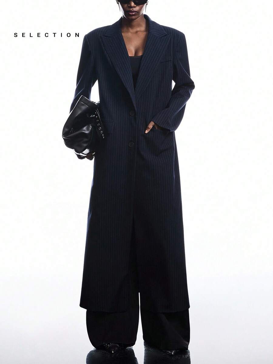 LYSMO SELECTION 2025 Navy Striped Long Blazer Women's Business Casual Summer Office Fashion Minimalist Wide Shoulder Oversize Commuter Streetwear,Fall - Navy Blue - View 1
