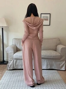 DAZY 女士条纹抓绒休闲连帽衫和长裤家居服套装，秋冬睡衣，舒适套装 - 粉色 - 查看 2