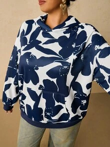 SHEIN VCAY sweat-shirt à capuche imprimé silhouette florale bleu et blanc grande taille pour femmes, pull ample à manches longues pour l'automne/l'hiver