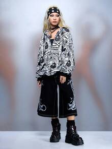 Black Jack X ROMWE Women's Hooded Zip-Up Full Print Long Sleeve Sweatshirt - Black - View 6