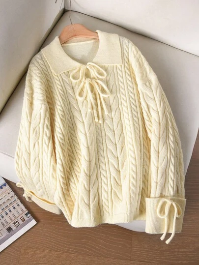 CosyJoli 大码休闲罗纹针织系带圆领毛衣女士秋冬装