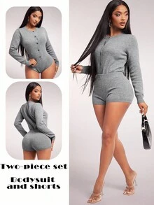Radiana New Spring/Autumn European And American Sexy Tight Snap Button Long Sleeve Base Layer Top And Shorts 2-Piece Set For Women Two Pieces Set Women Comfy Women Knit Two Pieces Set Grey 2 Pieces Set Comfortable Two Pieces Set 2 Pieces Lounge Set Women,ملابس شتوية للنساء