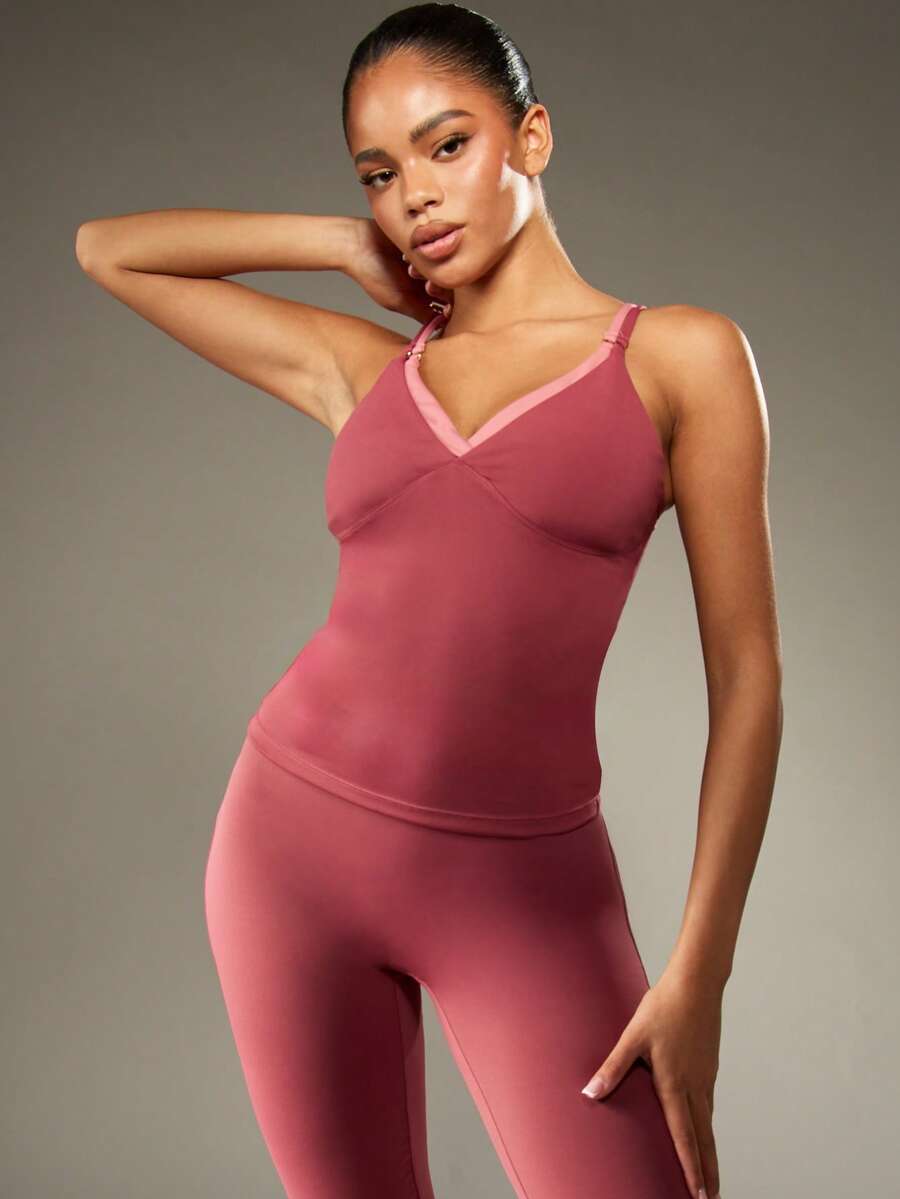 MISSGUIDED Stylish Sports Cami Tank Performance Top V Neck Cross Front Straps Moisture Wicking Yoga Fitness Exercise Running Athletic Training Workout Everyday Essential Gym Basic Athleisure Top - Hot Pink - View 1