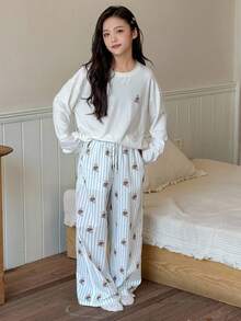 Dazy Kids 女童泰迪熊印花落肩宽松长袖上衣和阔腿裤睡衣套装，春秋季 - 白色 - 查看 4
