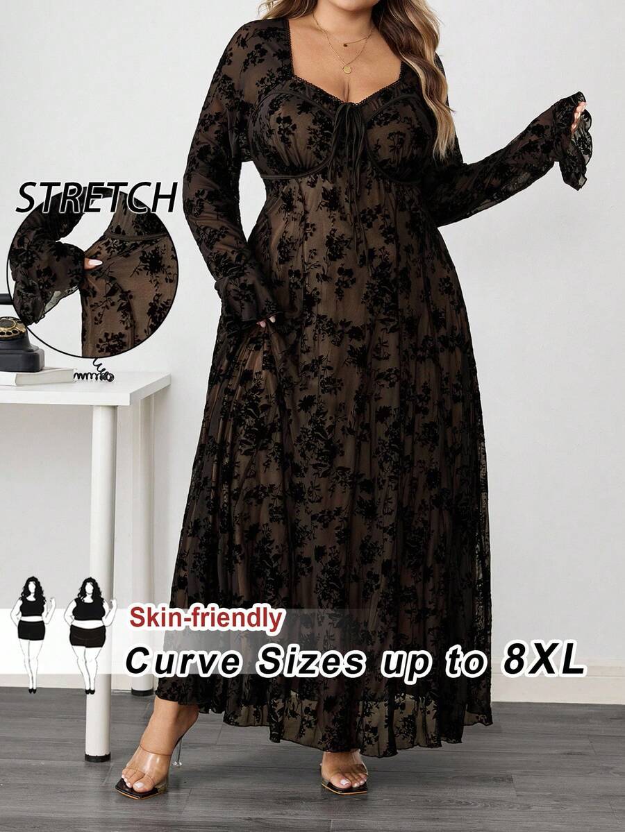 SHEIN CURVE+ 大码蕾丝优雅长袖透视连衣裙/秋冬 - 黑色 - 查看 1