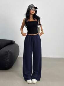 SHEIN 青少年女孩休闲宽松低腰松紧腰带阔腿运动裤，适合春、夏、秋、冬