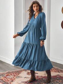 LanaWest Women's Autumn Bohemian Casual Vacation Style Rust Brown Design V-Neck Long Sleeve Patchwork Dress