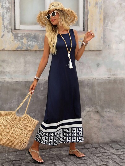 Brillora Women's Casual Elegant Geometric Pattern Round Neck Loose Long Dress, Suitable For Summer Business Casual Woman Vacation Dress Chic Dress