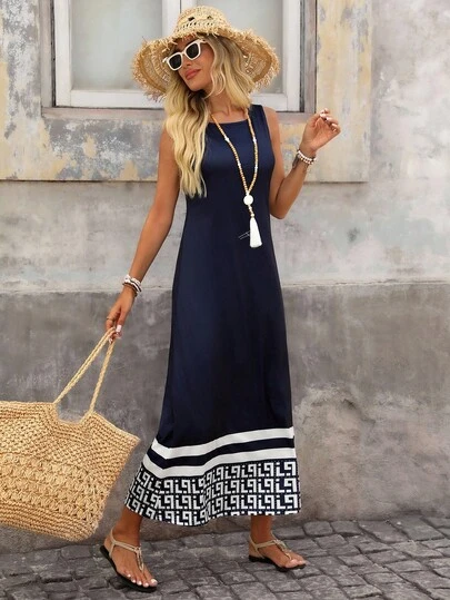 Brillora Women's Casual Elegant Geometric Pattern Round Neck Loose Long Dress, Suitable For Summer Business Casual Woman Vacation Dress Chic Dress