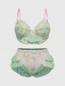 ROMWE Kawaii Plus Size Cute Embroidered Contrast Color Underwire Lingerie, For Valentine's Day - Green - View 1