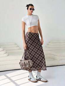 SHEIN EZwear Plus Size Women Plaid A-Line Skirt, Casual & Office Wear