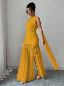 Elenzga Women's Elegant Sleeveless Dress With Pleated Detail And Side Slit, Minimalist Solid Color, Summer - Yellow - View 3