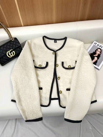 Franclia Plus Size Autumn/Winter Single Piece Furry Fabric Solid Color Contrast Trim Round Neck Long Sleeve Button Front Pocket Short Women Jacket Winter Autumn Fall