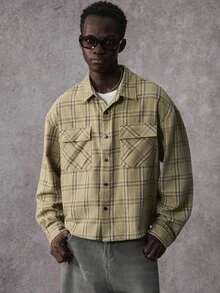 STYNVO 男士格子休闲长袖衬衫 男士短款纽扣衬衫 男士外套衬衫 格子衬衫，秋季 - 卡其色 - 查看 5