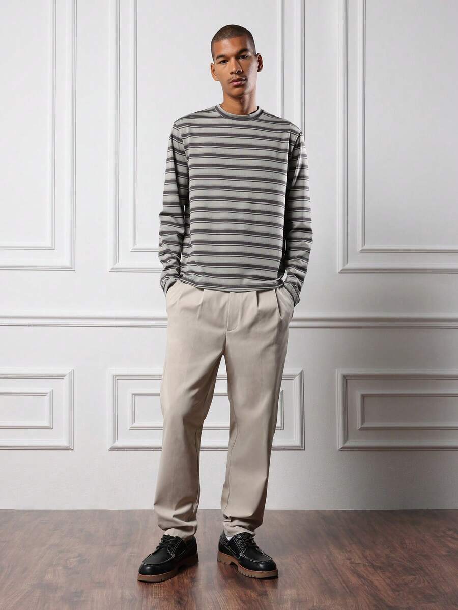 SUMWON Tricou cu mânecă lungă, cu dungi, clasic, cu guler rotund, cu nervuri, lungime regulată, casual, de bază, toamnă-iarnă, straturi esențiale - Gri plumb - Vizualizare 1