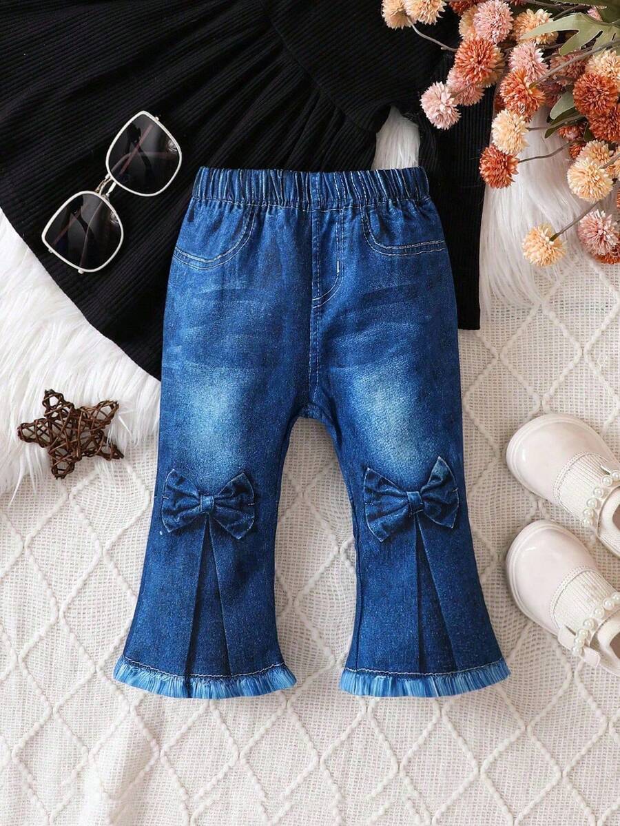 Baby Girl Realistic Denim Print Flare Pants