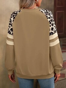 EMERY ROSE Leopard Print Patchwork Raglan Sleeve Sweatshirt - Khaki - View 2