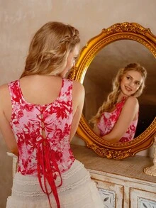 Myrelith 1 pieza Camiseta con cordones y estampado para mujer con efecto moldeador - Rojo y blanco - Ver 2