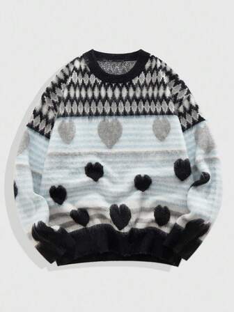 Street Life Pull oversize à col rond, motif jacquard cœur bicolore rétro, pour l'automne et l'hiver